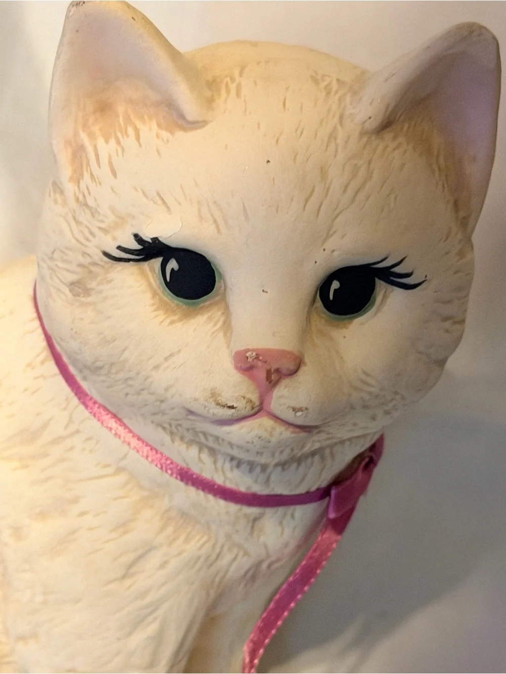 Vintage White Cat Figurine Pink Ribbon Big Eyes Cottagecore Kitty Decor